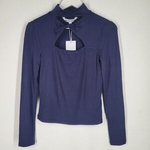 Walter Baker Navy Blue Long Sleeve Twisted Cutout Mock Neck Top XS